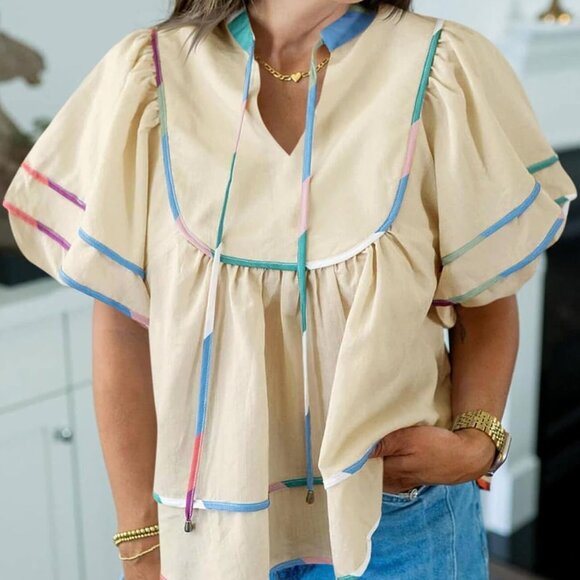 Womens Summer Babydoll Tops V Neck Short Lantern Sleeve Shirts Cute Loose Fit Pe - Picture 2 of 6